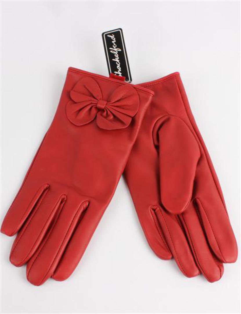Ladies leather glove with matching bow red Code-S/LL3282 image 0